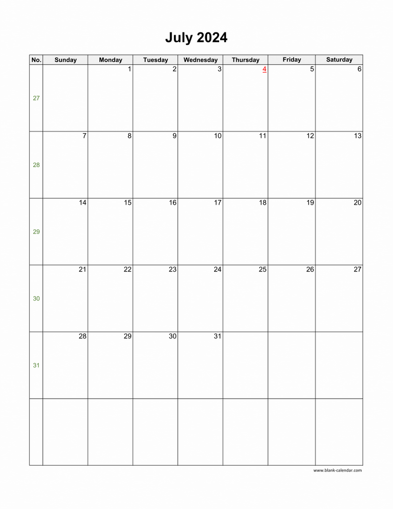 Download July 2024 Blank Calendar (vertical)
