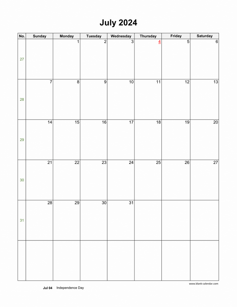 Download July 2024 Blank Calendar with US Holidays (vertical)