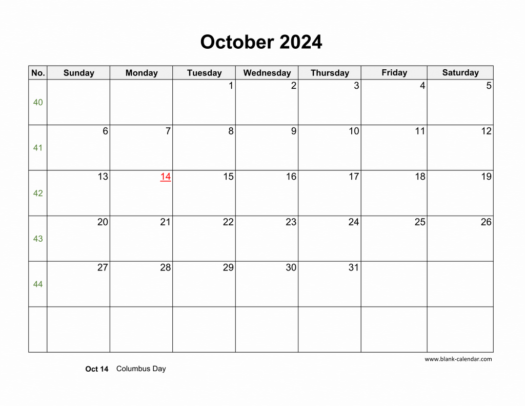 Download October 2024 Blank Calendar with US Holidays (horizontal)
