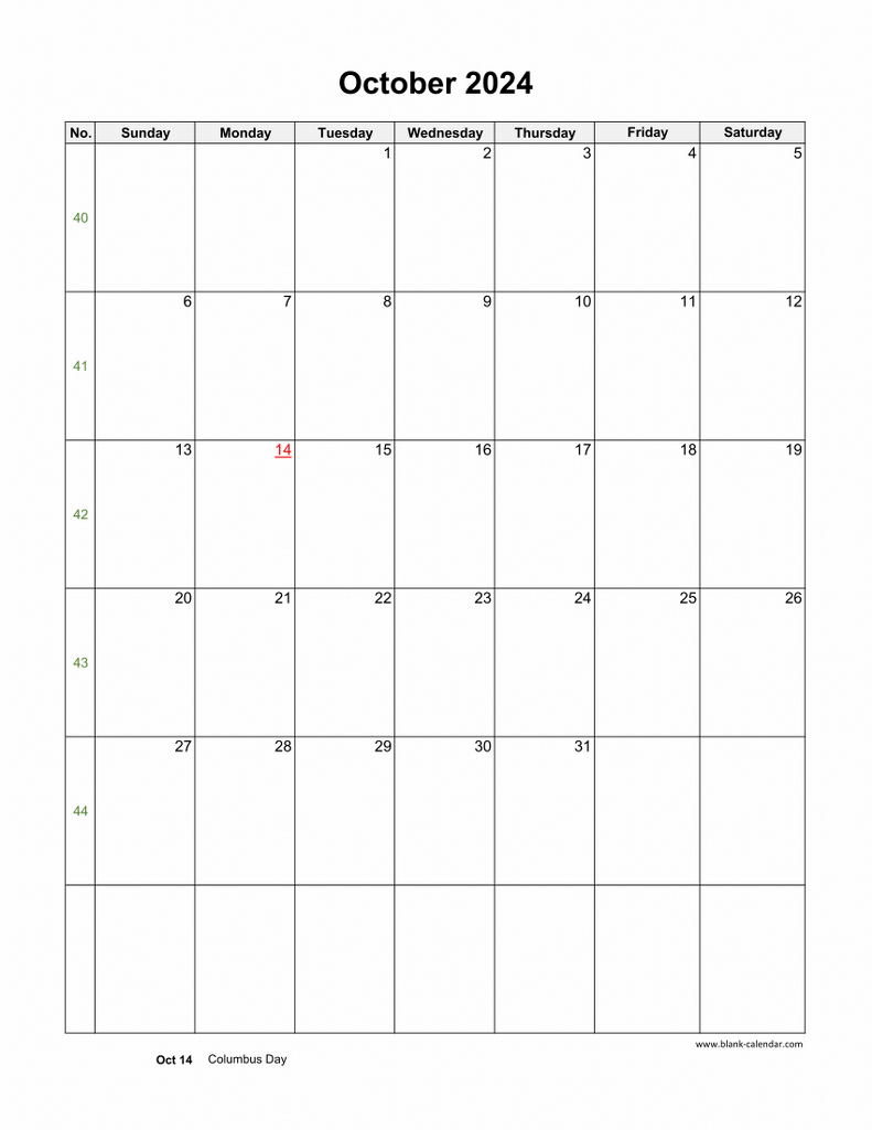 Download October 2024 Blank Calendar with US Holidays (vertical)