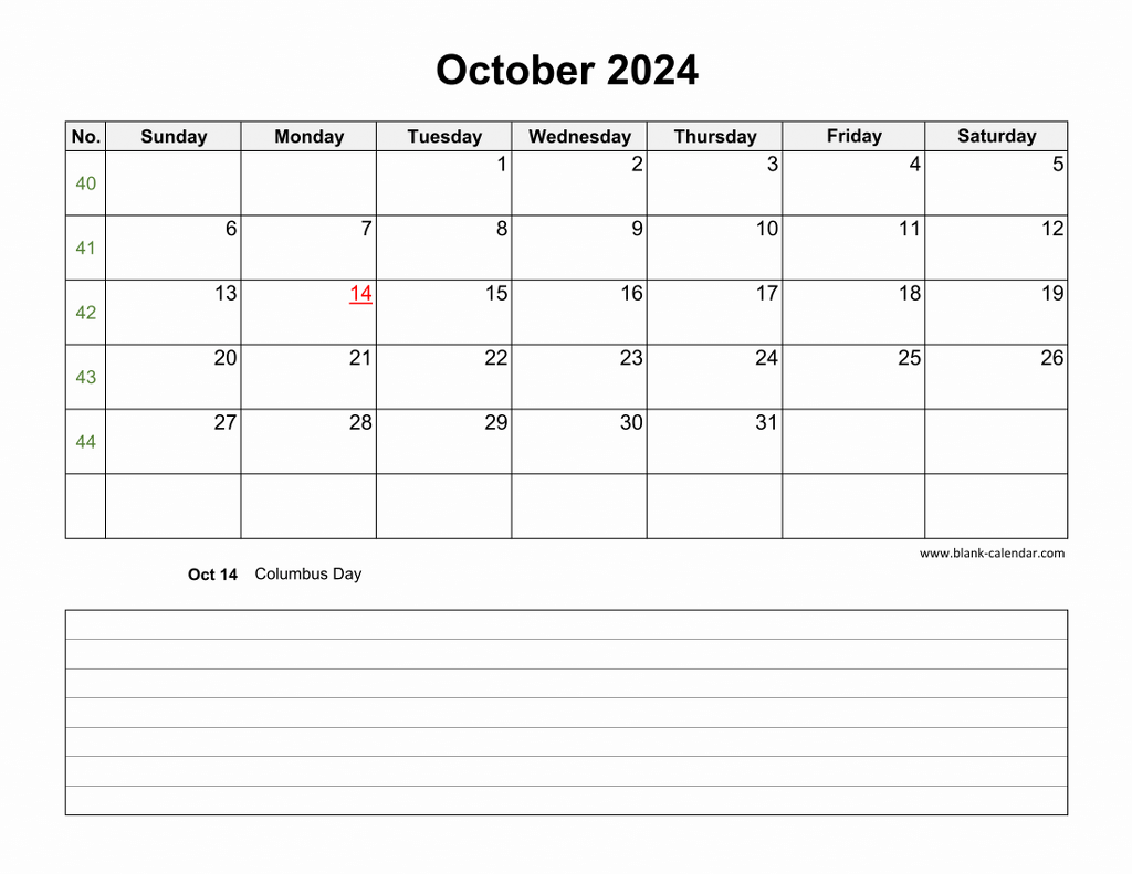 Download October 2024 Blank Calendar with Space for Notes (horizontal)