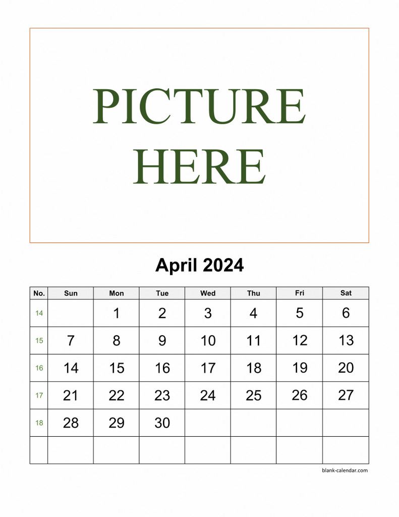 Free Download Printable April 2024 Calendar, pictures can be placed at