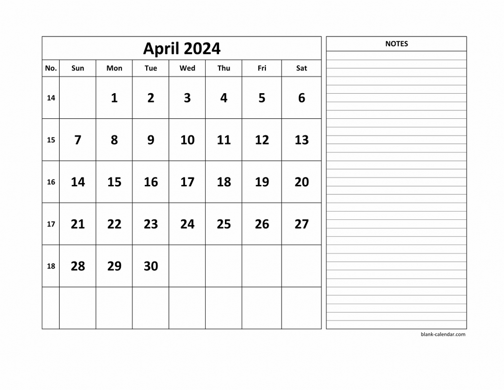 Free Download Printable April 2024 Calendar Large Space For
