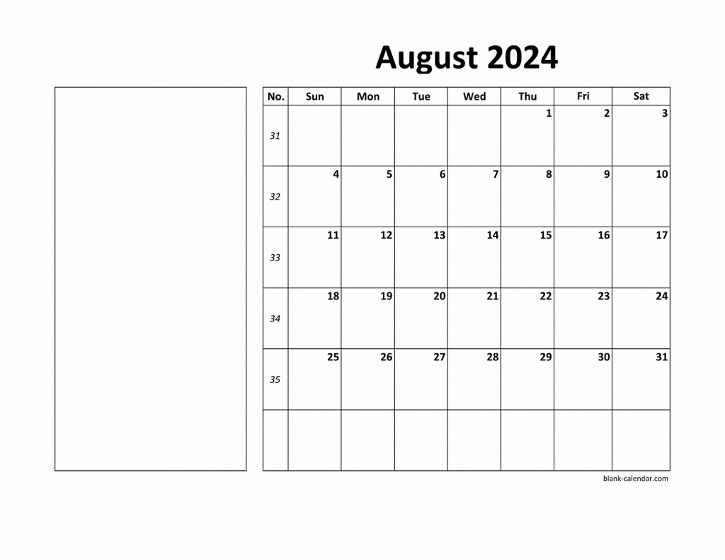 Free Download Printable August 2024 Calendar, large box, holidays