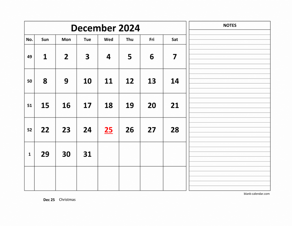 Free Download Printable December 2024 Calendar, large space for