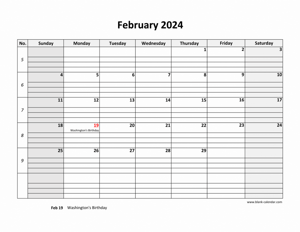 Free Download Printable February 2024 Calendar, large box grid, space