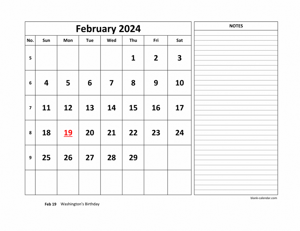Free Download Printable February 2024 Calendar, large space for