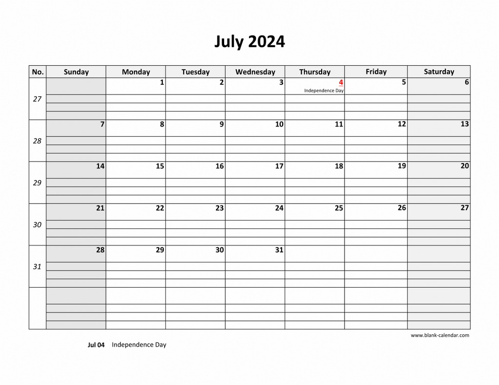 Free Download Printable July 2024 Calendar, large box grid, space for notes