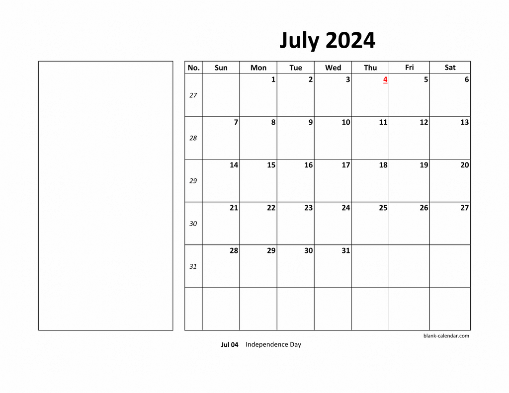 Free Download Printable July 2024 Calendar, large box, holidays listed
