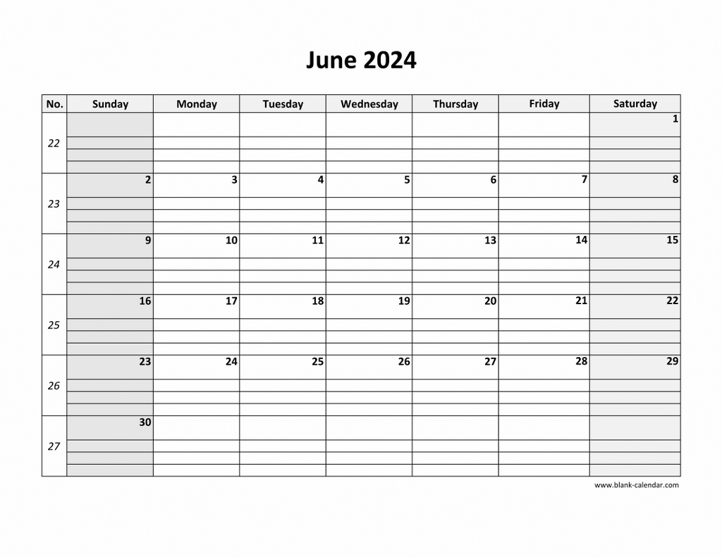 Free Download Printable June 2024 Calendar, large box grid, space for notes