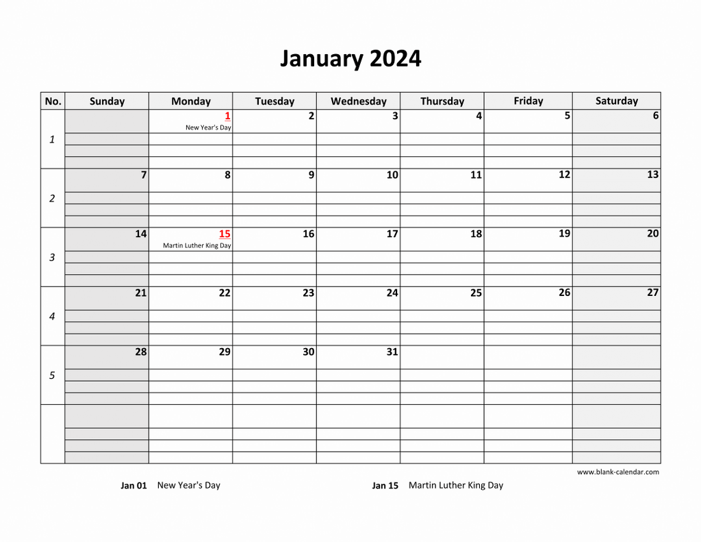 Free Download Printable Calendar 2024, large box grid, space for notes