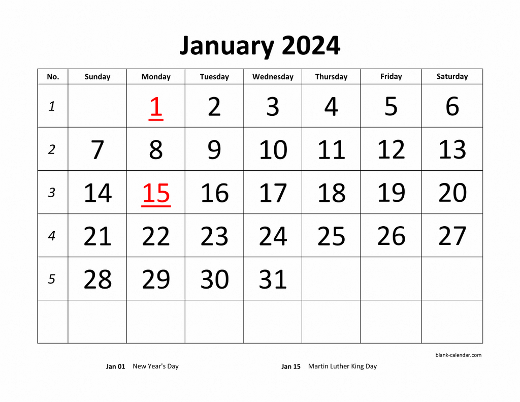 Free Download Printable Calendar 2024, large font design , holidays on red