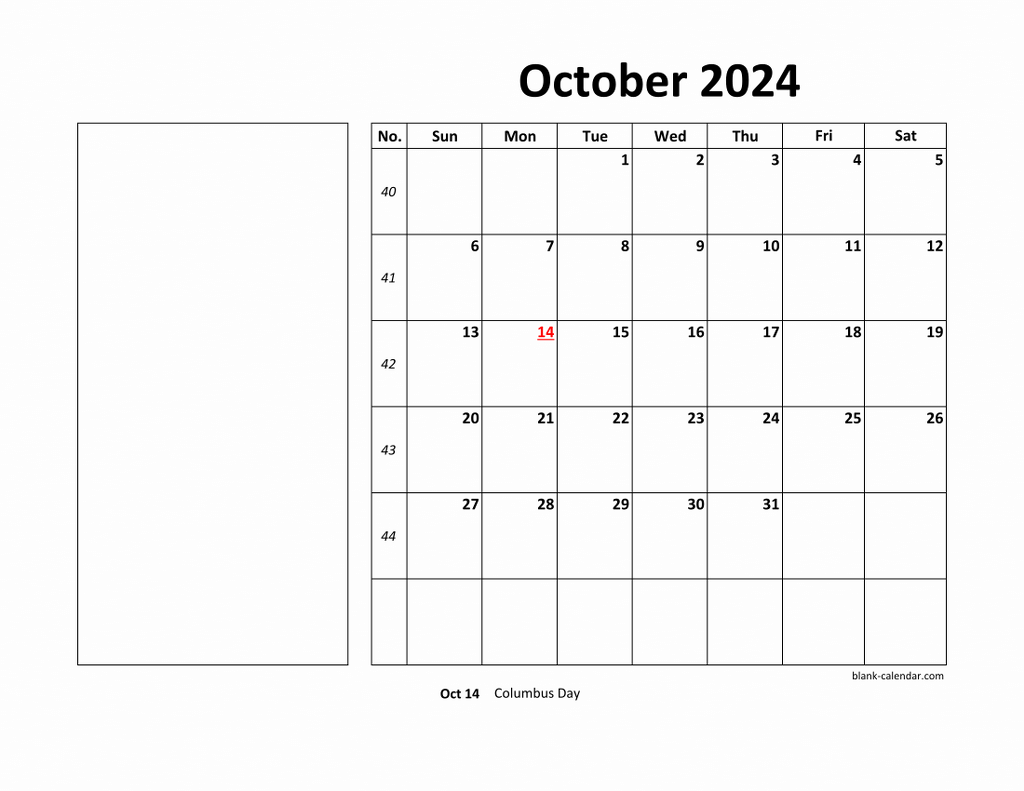 Free Download Printable October 2024 Calendar, large box, holidays