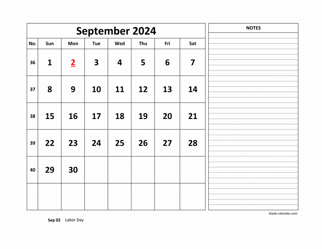 Free Download Printable September 2024 Calendar, large space for