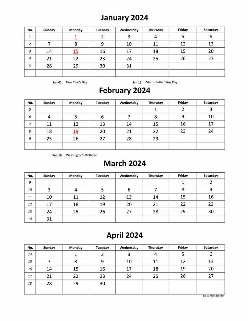 Free Download Printable Calendar 2024, 4 months per page, 3 pages ...