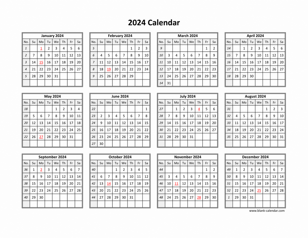 Free Download Printable Calendar 2024 in one page, clean design.