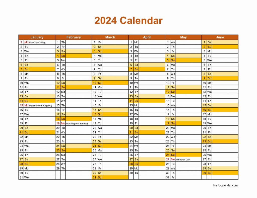 Free Download Printable Calendar 2024, month in a column, half a year