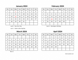 2024 excel calendar, four month in landscape format