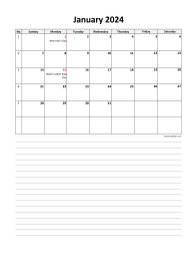 2024 excel calendar, large day boxes, space for notes