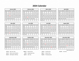 Yearly 2024 calendar with federal holidays
