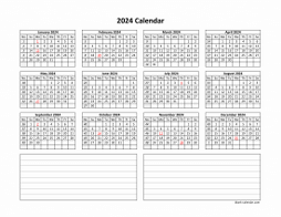 Yearly 2024 calendar template with space for notes