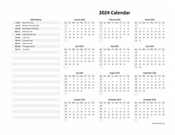 Yearly 2024 calendar with US holidays on the left