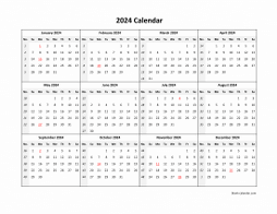 Yearly 2024 calendar template with simple design