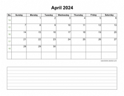 April 2024 Blank Calendar (horizontal, space for notes)