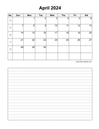 April 2024 Blank Calendar (vertical, space for notes)