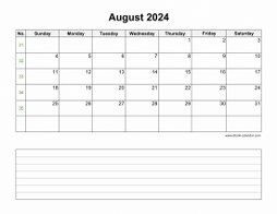 August 2024 Blank Calendar (horizontal, space for notes)