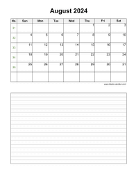 August 2024 Blank Calendar (vertical, space for notes)