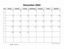 Blank Calendar for December 2024 (US Holidays, horizontal)