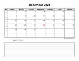 December 2024 Blank Calendar (Space for Notes, horizontal)