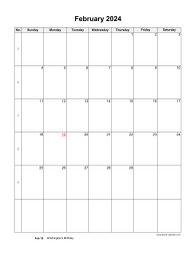 February 2024 Blank Calendar (US Holidays, vertical)