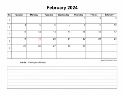 February 2024 Blank Calendar (Space for Notes, horizontal)