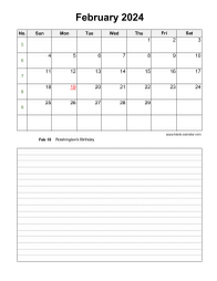 February 2024 Blank Calendar (Space for Notes, Vertical)