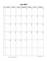 July 2024 Blank Calendar (US Holidays, vertical)