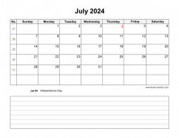 July 2024 Blank Calendar (horizontal, space for notes)
