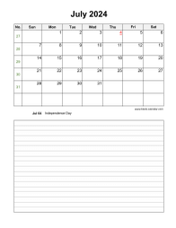 July 2024 Blank Calendar (vertical, space for notes)