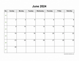 June 2024 Blank Calendar with US Holidays (horizontal)