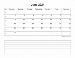 June 2024 Blank Calendar (horizontal, space for notes)