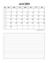 June 2024 Blank Calendar (vertical, space for notes)