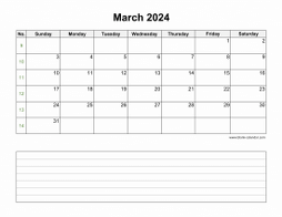 March 2024 Blank Calendar (horizontal, space for notes)