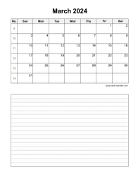 March 2024 Blank Calendar (vertical, space for notes)