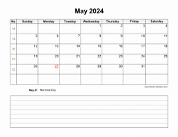 May 2024 Blank Calendar (horizontal, space for notes)