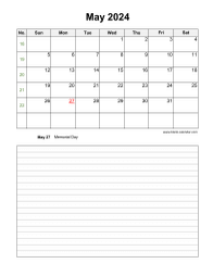 May 2024 Blank Calendar (vertical, space for notes)