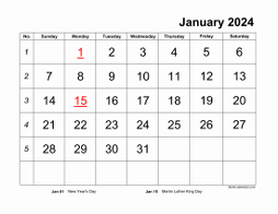 Monthly 2024 calendar with large font design, landscape orientation (horizontal)
