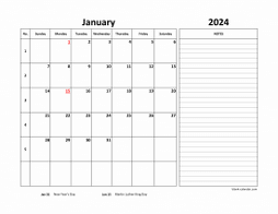 Monthly 2024 calendar with week numbers, space for notes on the right