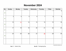 November 2024 Blank Calendar with US Holidays (horizontal)