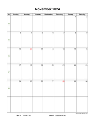 November 2024 Blank Calendar (US Holidays, vertical)